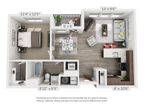Floor plan for 1 bed, 1 bath, 715 sqft